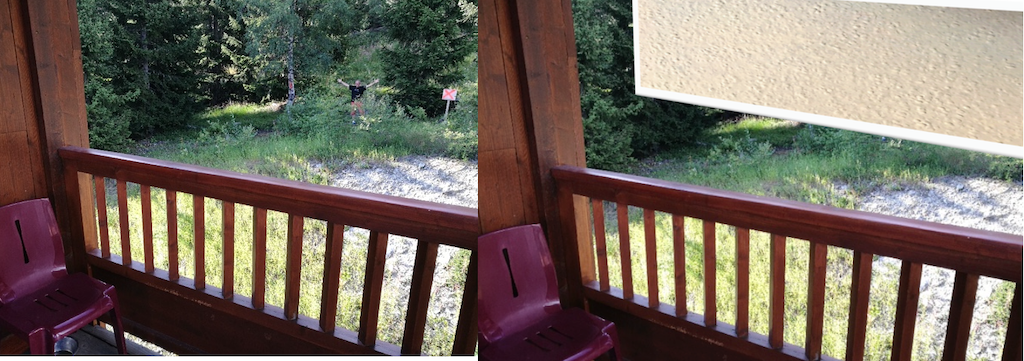 Sur ces deux photos prises du même appartement ,dans le chalet F des Cimes Blanches, à gauche, la vue actuelle sur la forêt. A droite nous avons matérialisé le mur qui s’élèvera à 15 mètres de ce balcon...