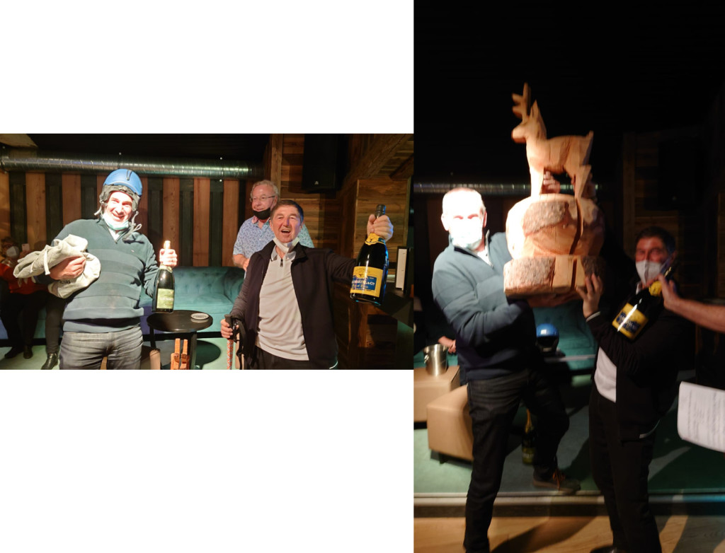 Le trophée et les cadeaux de Skiset Olympic Sport pour Frédo Crettaz et Bernard Fuchs